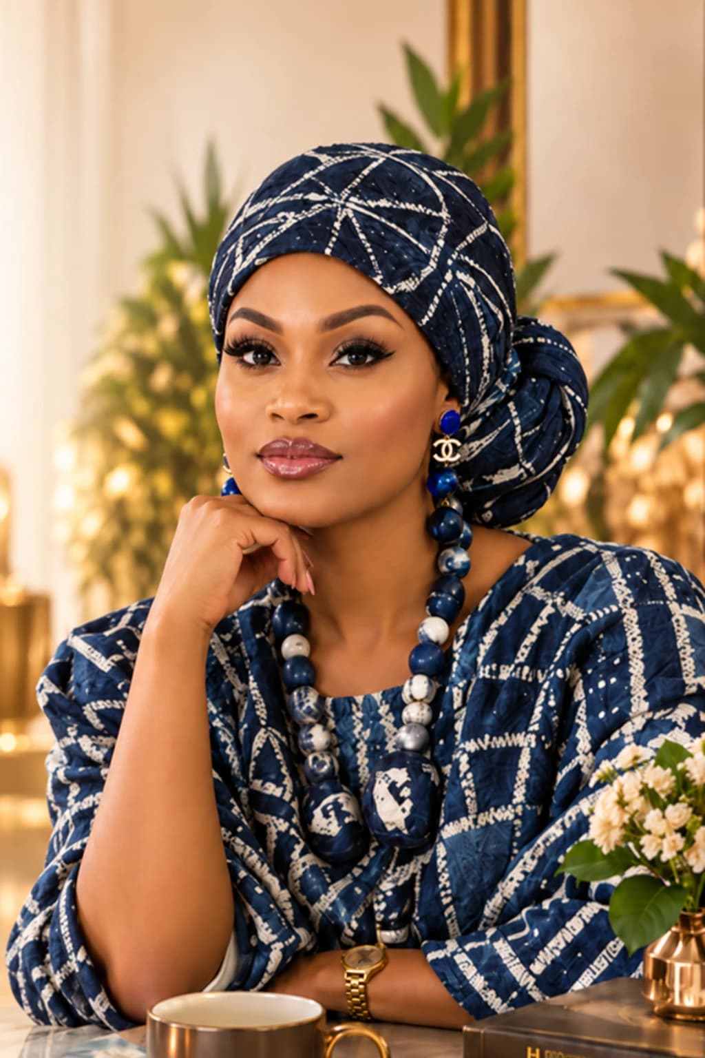 Portrait d’une dame en tenue indigo dans un intérieur chaleureux