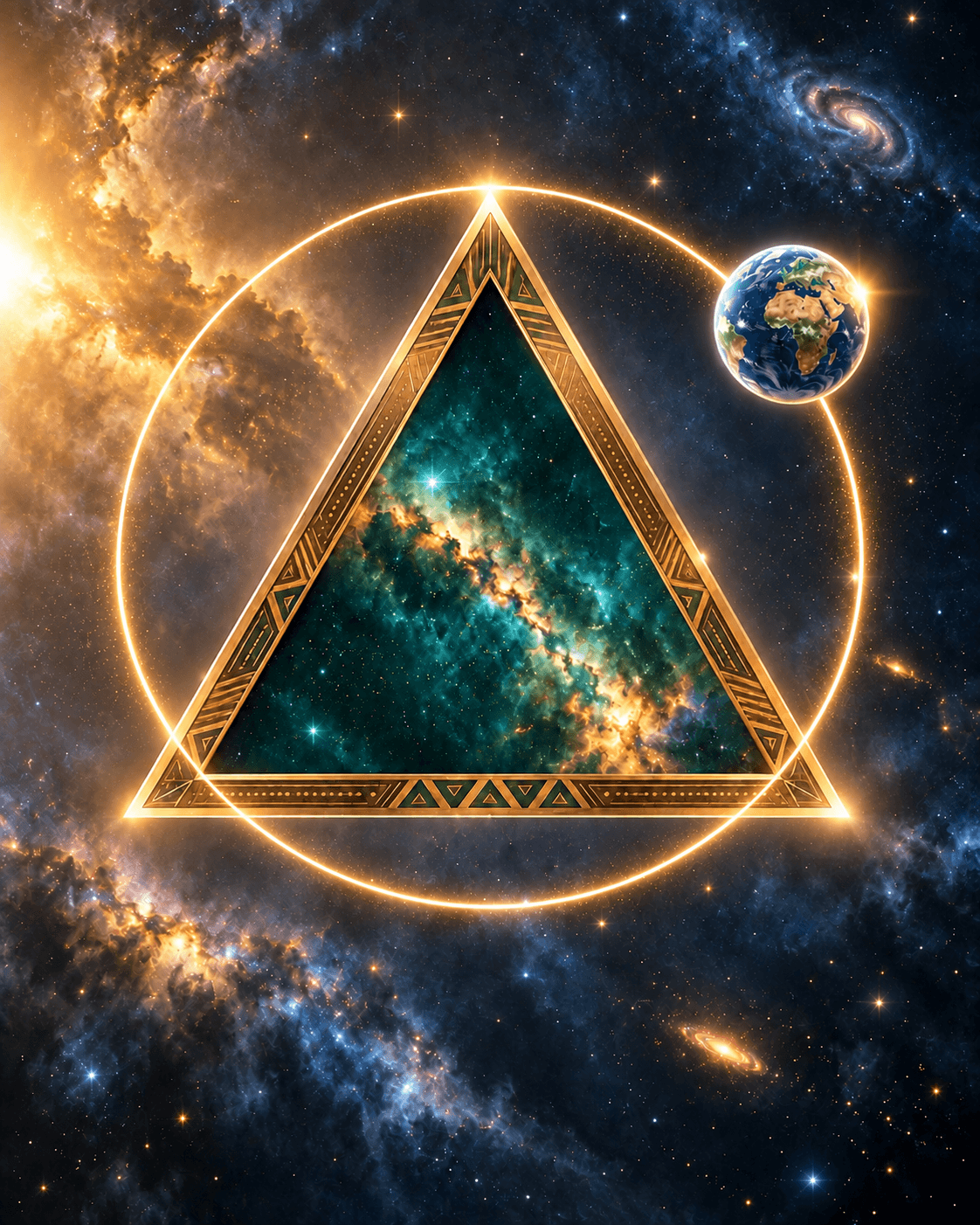 Triangle doré entouré d’une orbite lumineuse dans l’espace