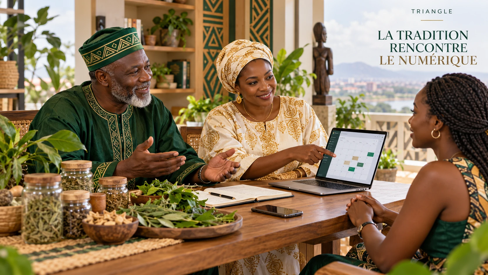 Deux praticiens africains et une patiente autour d’un ordinateur, entre plantes traditionnelles et outils numériques.